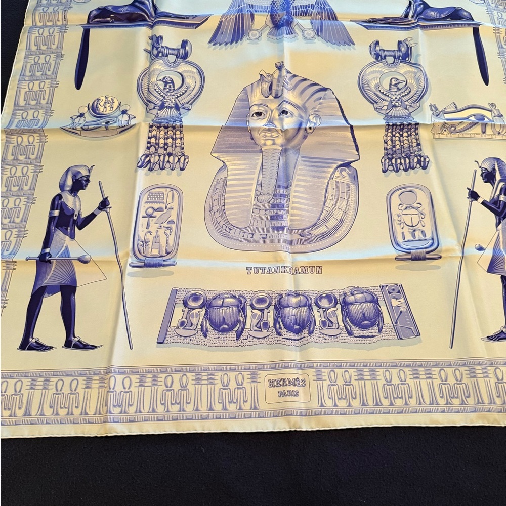 Hermes Scarf in Blue and Cream with Egyptian Motif